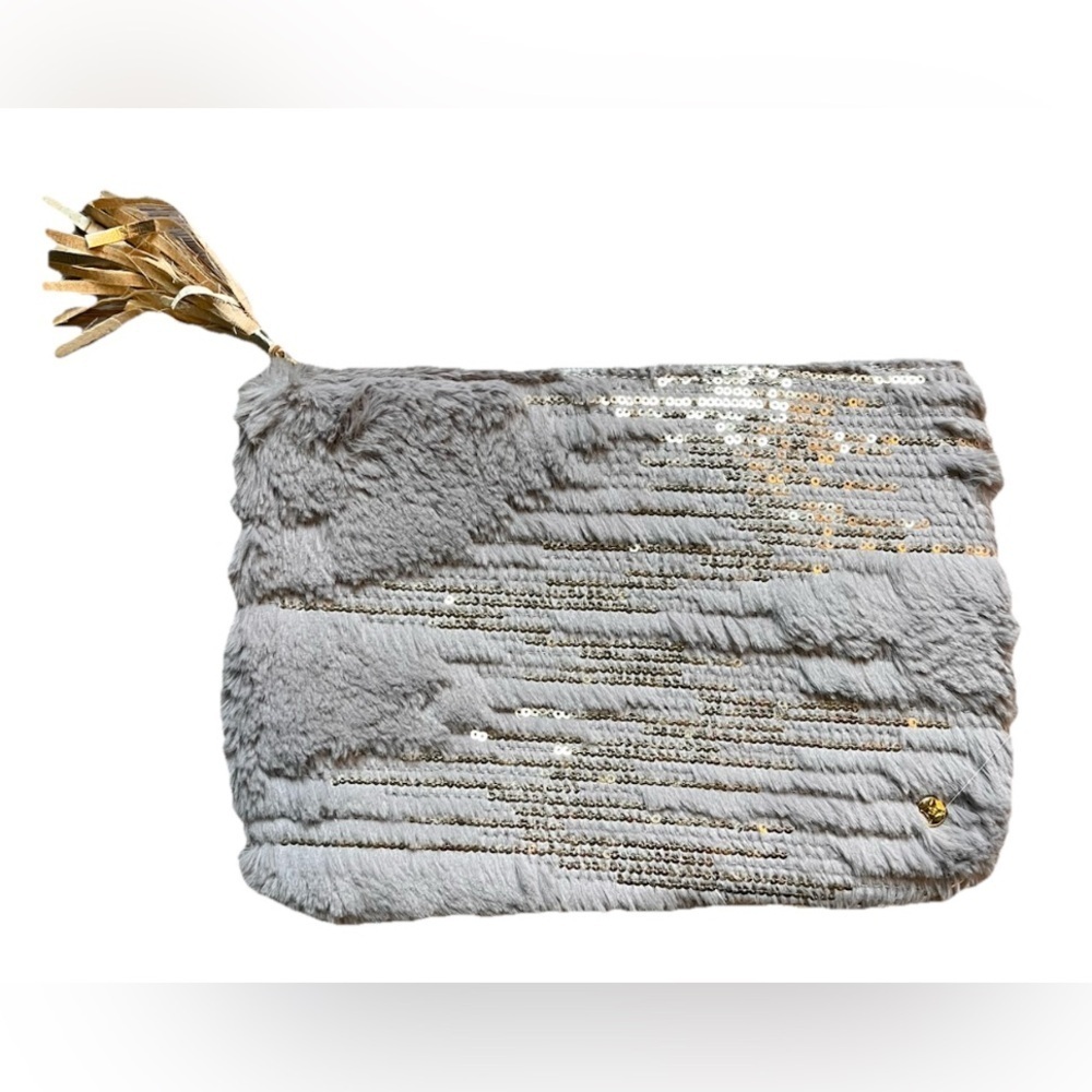 Stephanie Johnson Cosmetic Bag- Geneva Silver Gray Sequin Faux Fur